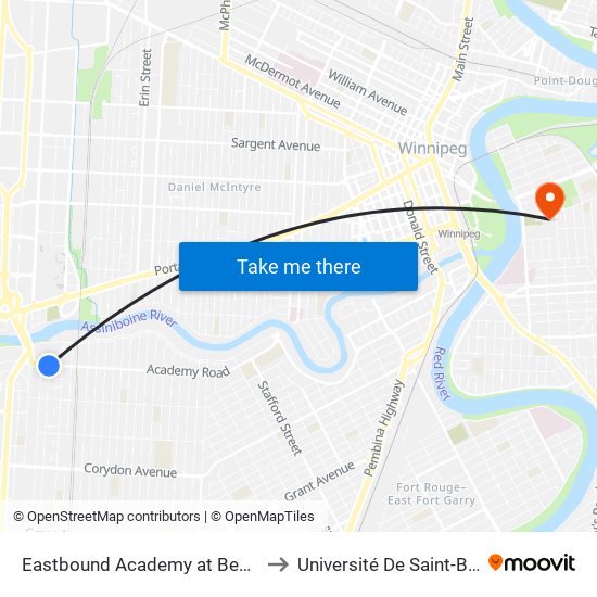 Eastbound Academy at Beaverbrook to Université De Saint-Boniface map