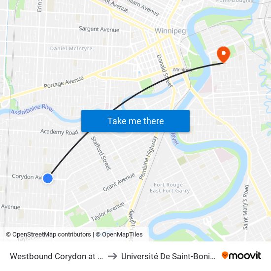 Westbound Corydon at Elm to Université De Saint-Boniface map