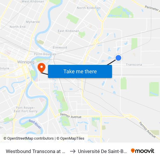 Westbound Transcona at Bienvenu to Université De Saint-Boniface map