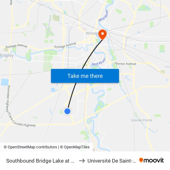 Southbound Bridge Lake at Valley Brook to Université De Saint-Boniface map