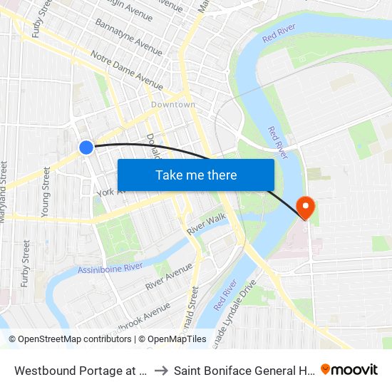 Westbound Portage at Colony to Saint Boniface General Hospital map