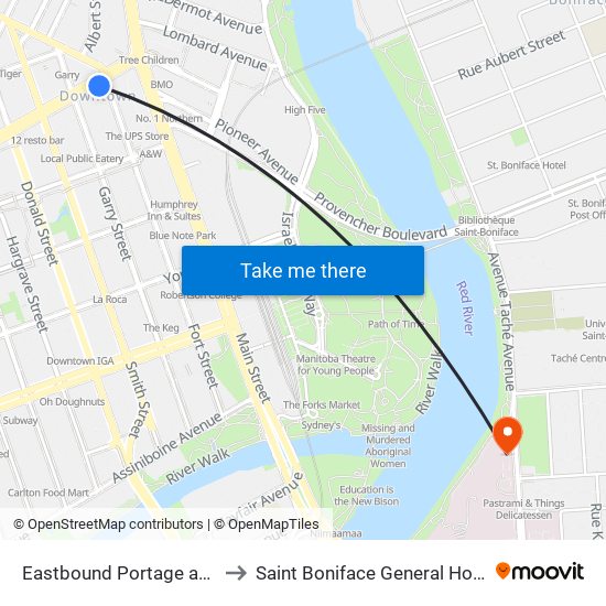 Eastbound Portage at Fort to Saint Boniface General Hospital map