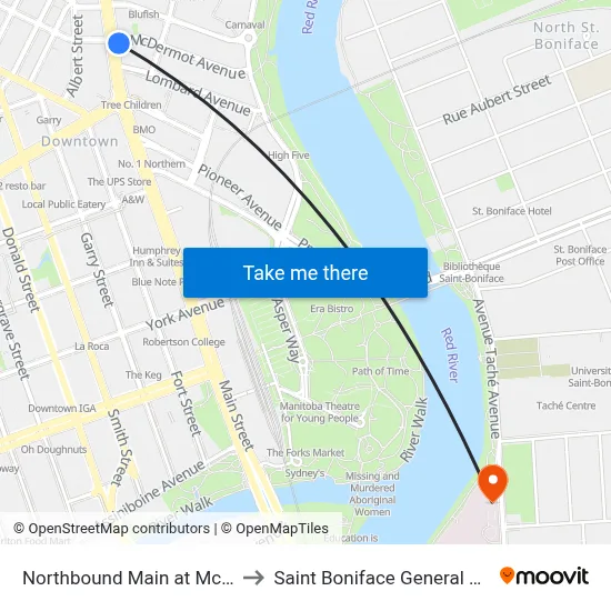 Northbound Main at Mcdermot to Saint Boniface General Hospital map