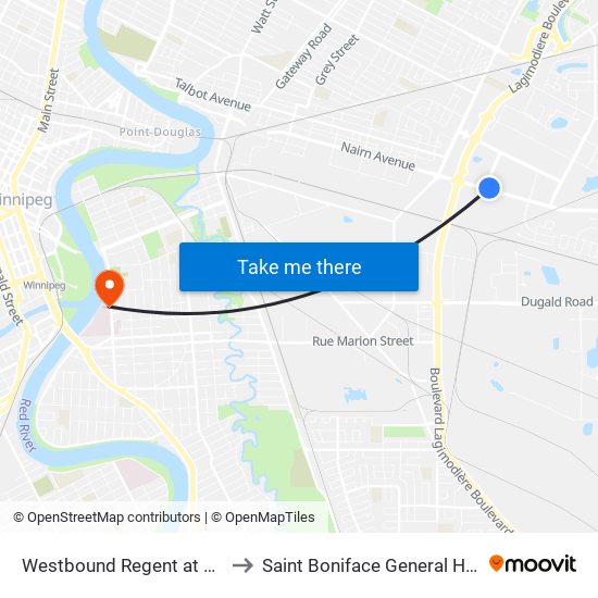 Westbound Regent at Stapon to Saint Boniface General Hospital map