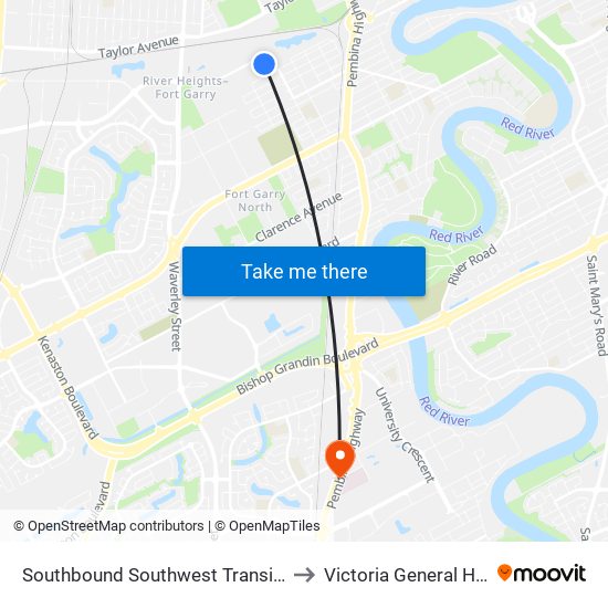 Southbound Southwest Transitway at Beaumont Station to Victoria General Hospital-Winnipeg map