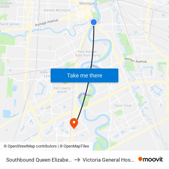 Southbound Queen Elizabeth at Stradbrook to Victoria General Hospital-Winnipeg map