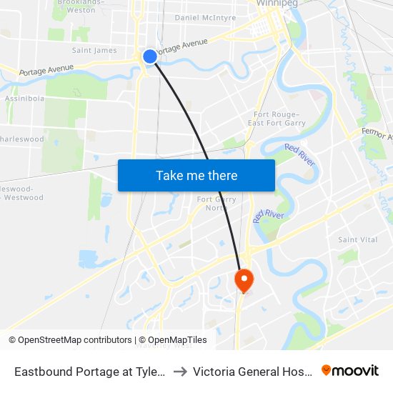 Eastbound Portage at Tylehurst (Polo Park) to Victoria General Hospital-Winnipeg map