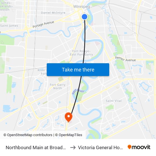 Northbound Main at Broadway (Union Station) to Victoria General Hospital-Winnipeg map