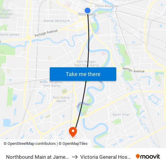 Northbound Main at James (Concert Hall) to Victoria General Hospital-Winnipeg map