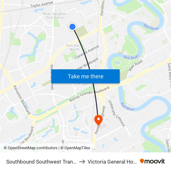 Southbound Southwest Transitway at Seel Station to Victoria General Hosp-Winnipeg-ER map