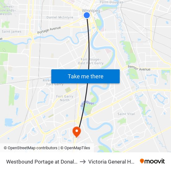 Westbound Portage at Donald (Canada Life Centre) to Victoria General Hosp-Winnipeg-ER map