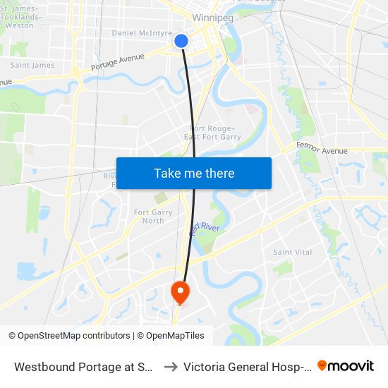 Westbound Portage at Spence (U Of W) to Victoria General Hosp-Winnipeg-ER map