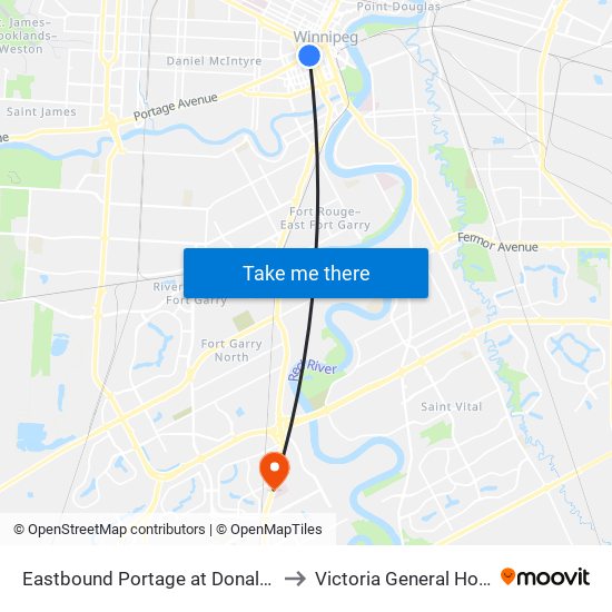 Eastbound Portage at Donald (Canada Life Centre) to Victoria General Hosp-Winnipeg-ER map