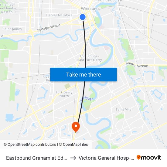 Eastbound Graham at Edmonton (Rwb) to Victoria General Hosp-Winnipeg-ER map