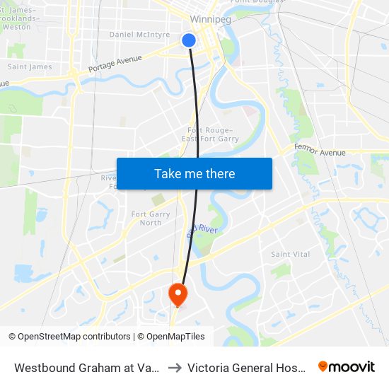Westbound Graham at Vaughan (The Bay) to Victoria General Hosp-Winnipeg-ER map