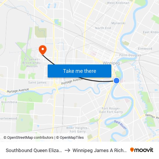 Southbound Queen Elizabeth at Stradbrook to Winnipeg James A Richardson Int'l Airport map