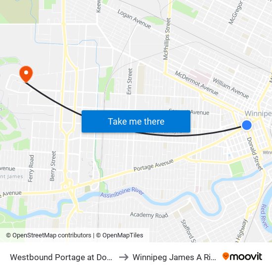 Westbound Portage at Donald (Canada Life Centre) to Winnipeg James A Richardson Int'l Airport map