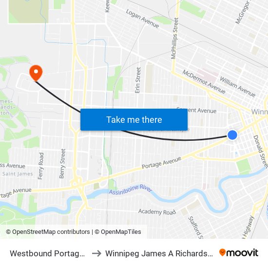 Westbound Portage at Colony to Winnipeg James A Richardson Int'l Airport map