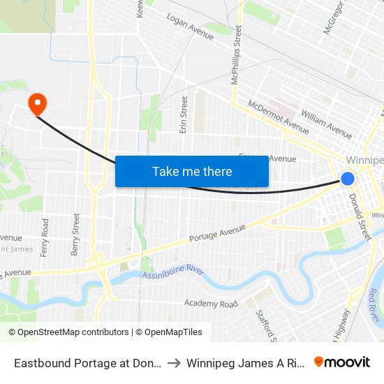 Eastbound Portage at Donald (Canada Life Centre) to Winnipeg James A Richardson Int'l Airport map