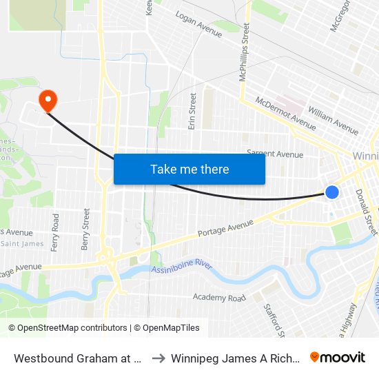 Westbound Graham at Vaughan (The Bay) to Winnipeg James A Richardson Int'l Airport map