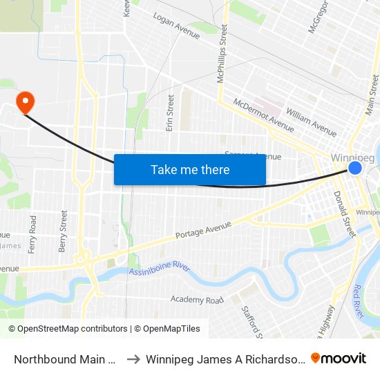 Northbound Main at Pioneer to Winnipeg James A Richardson Int'l Airport map