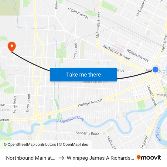 Northbound Main at Mcdermot to Winnipeg James A Richardson Int'l Airport map