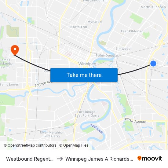 Westbound Regent at Stapon to Winnipeg James A Richardson Int'l Airport map