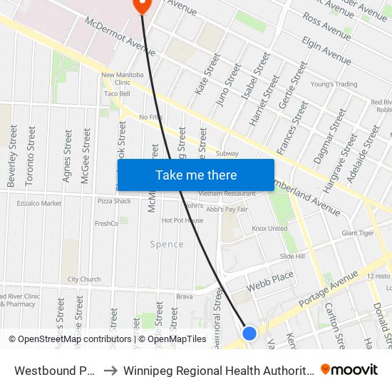 Westbound Portage at Colony to Winnipeg Regional Health Authority Health Sciences Centre Winnipeg map