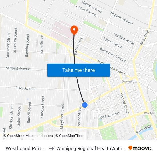Westbound Portage at Spence (U Of W) to Winnipeg Regional Health Authority Health Sciences Centre Winnipeg map