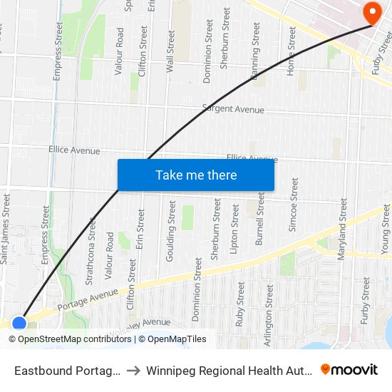 Eastbound Portage at Tylehurst (Polo Park) to Winnipeg Regional Health Authority Health Sciences Centre Winnipeg map