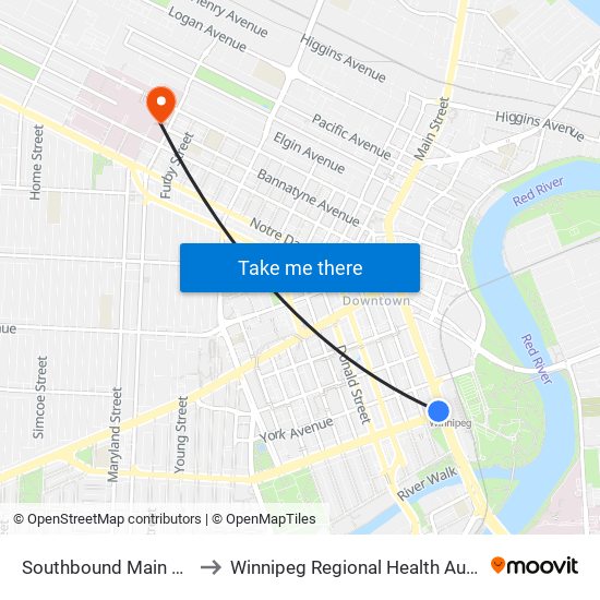 Southbound Main at Broadway (Union Station) to Winnipeg Regional Health Authority Health Sciences Centre Winnipeg map