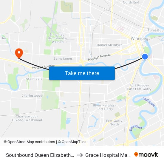Southbound Queen Elizabeth at Stradbrook to Grace Hospital Main Building map