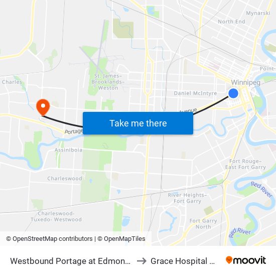 Westbound Portage at Edmonton (Portage Place) to Grace Hospital Main Building map