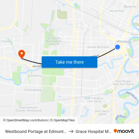 Westbound Portage at Edmonton (Portage Place) to Grace Hospital Main Building map