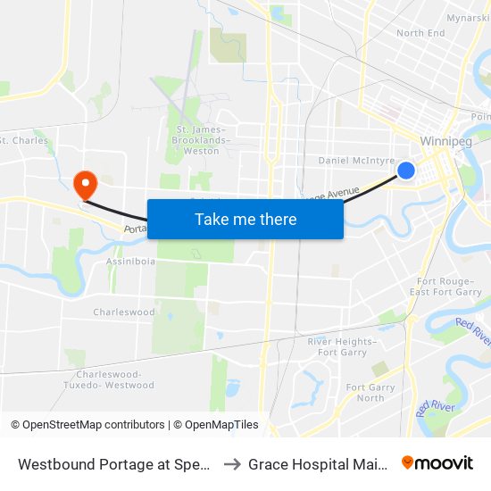 Westbound Portage at Spence (U Of W) to Grace Hospital Main Building map