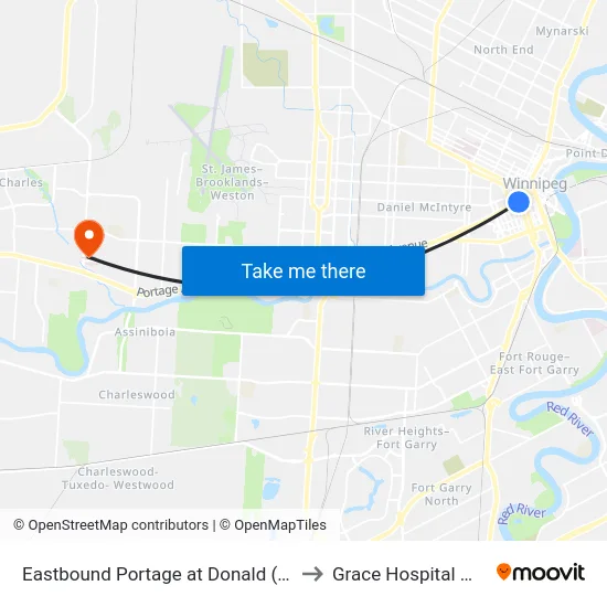 Eastbound Portage at Donald (Canada Life Centre) to Grace Hospital Main Building map