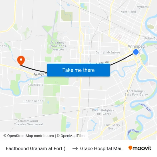 Eastbound Graham at Fort (Wpg Square) to Grace Hospital Main Building map