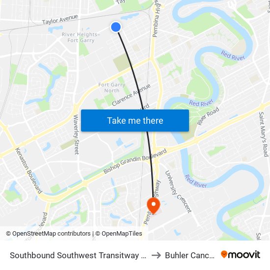 Southbound Southwest Transitway at Beaumont Station to Buhler Cancer Centre map