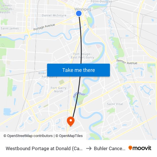 Westbound Portage at Donald (Canada Life Centre) to Buhler Cancer Centre map