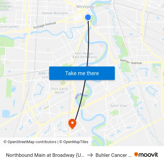 Northbound Main at Broadway (Union Station) to Buhler Cancer Centre map