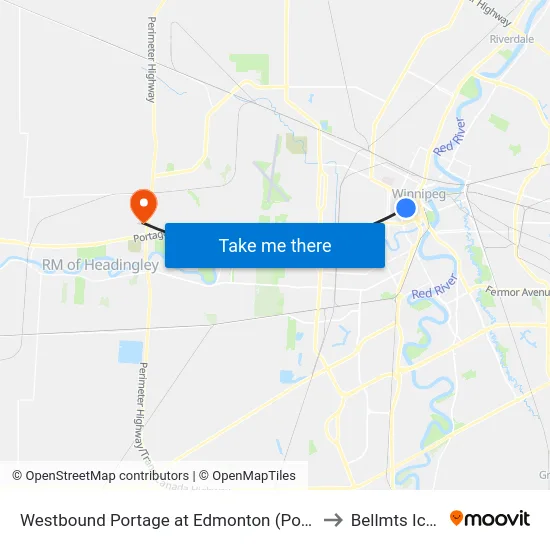 Westbound Portage at Edmonton (Portage Place) to Bellmts Iceplex map