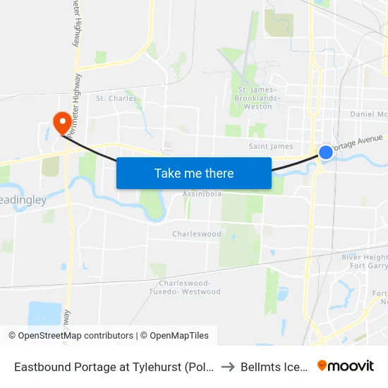 Eastbound Portage at Tylehurst (Polo Park) to Bellmts Iceplex map