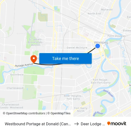 Westbound Portage at Donald (Canada Life Centre) to Deer Lodge Centre map