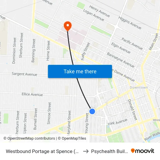 Westbound Portage at Spence (U Of W) to Psychealth Building map