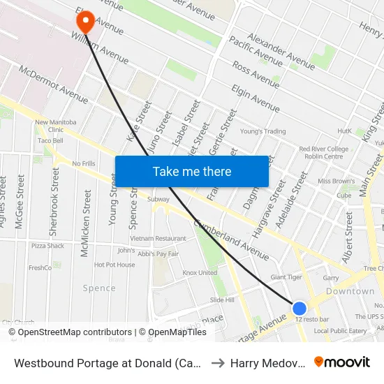 Westbound Portage at Donald (Canada Life Centre) to Harry Medovy House map