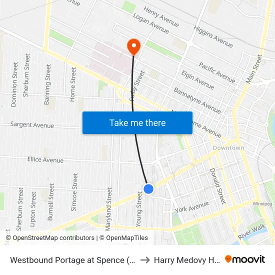 Westbound Portage at Spence (U Of W) to Harry Medovy House map
