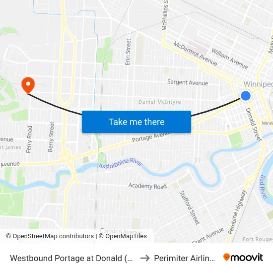 Westbound Portage at Donald (Canada Life Centre) to Perimiter Airlines Terminal map