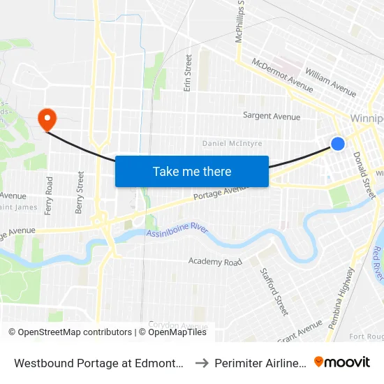 Westbound Portage at Edmonton (Portage Place) to Perimiter Airlines Terminal map