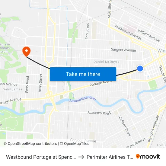 Westbound Portage at Spence (U Of W) to Perimiter Airlines Terminal map