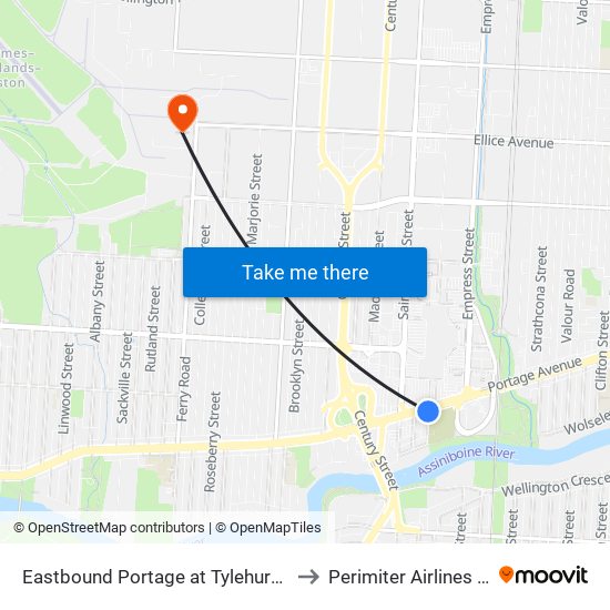 Eastbound Portage at Tylehurst (Polo Park) to Perimiter Airlines Terminal map